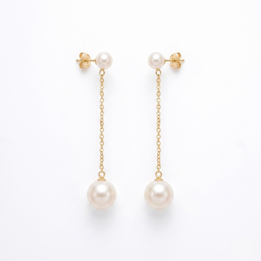 18K Solid Gold Japanese Akoya Pearl Threader Earrings for Women