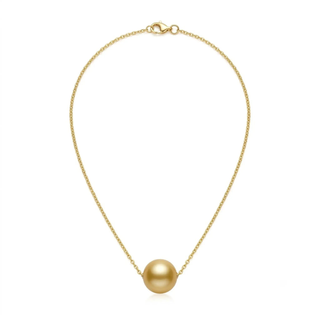 Studio shot of the genuine South Sea golden pearl floating pendant necklace on a clean white background.