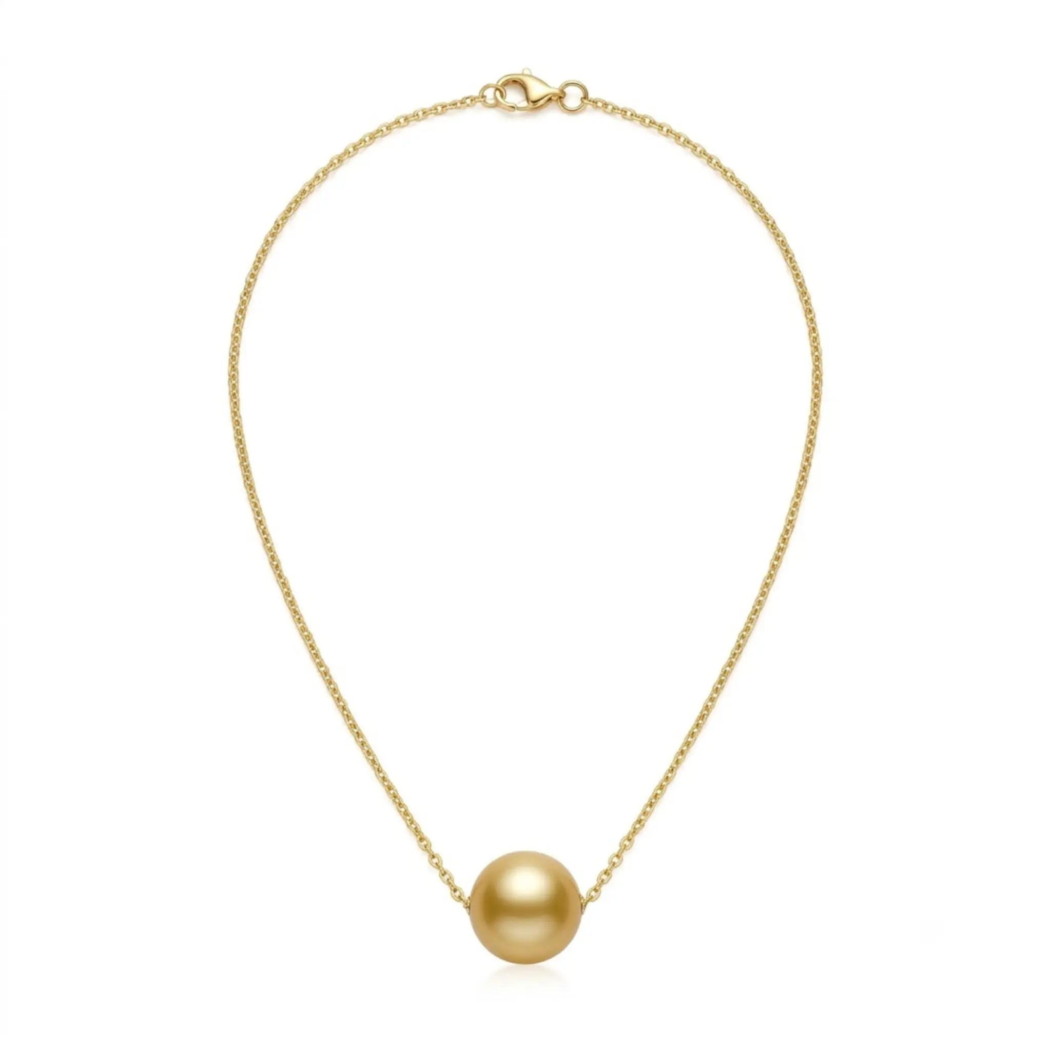 Studio shot of the genuine South Sea golden pearl floating pendant necklace on a clean white background.