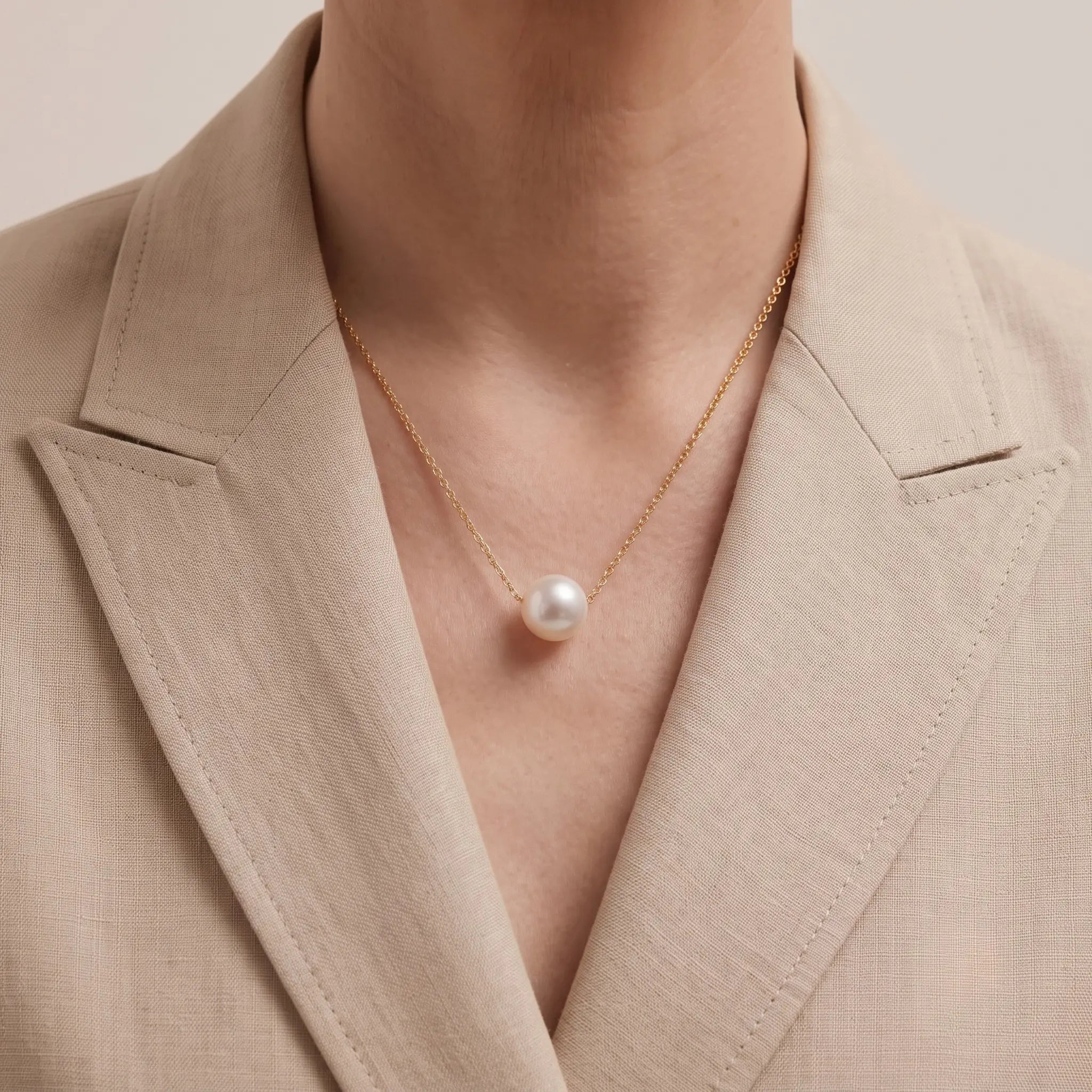 18K Gold Floating Edison Pearl Necklace 9-9.5mm Fall Winter Sweater Pendant Gift for Her