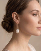 18K Solid Gold 11–12mm Organic Baroque Pearl Chain Drop Earrings