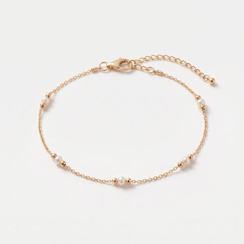 18K Solid Gold 3-3.5mm Dainty Seed Freshwater Pearl Station Bracelet