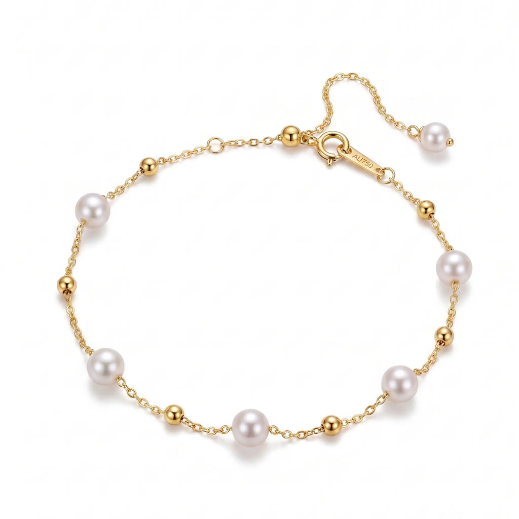18K Solid Gold 5-5.5mm Japanese Akoya Pearl Station Bracelet for Women