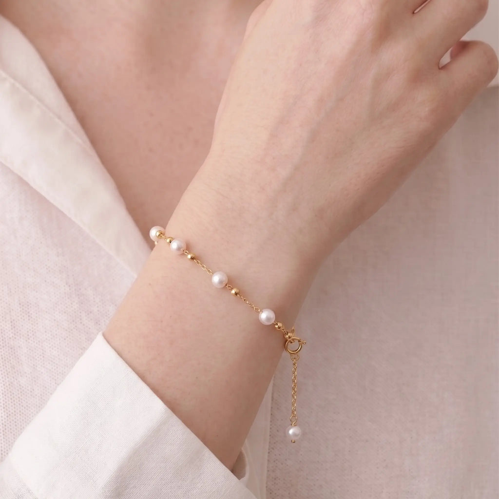 18K Solid Gold 5-5.5mm Japanese Akoya Pearl Station Bracelet for Women