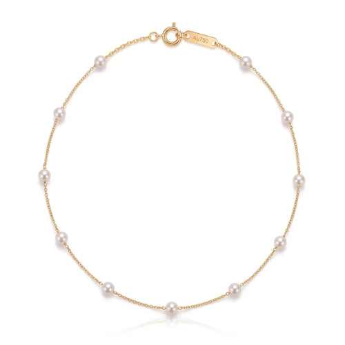 18K Solid Gold 5-5.5mm Untreated Freshwater Pearl Station Necklace for Women