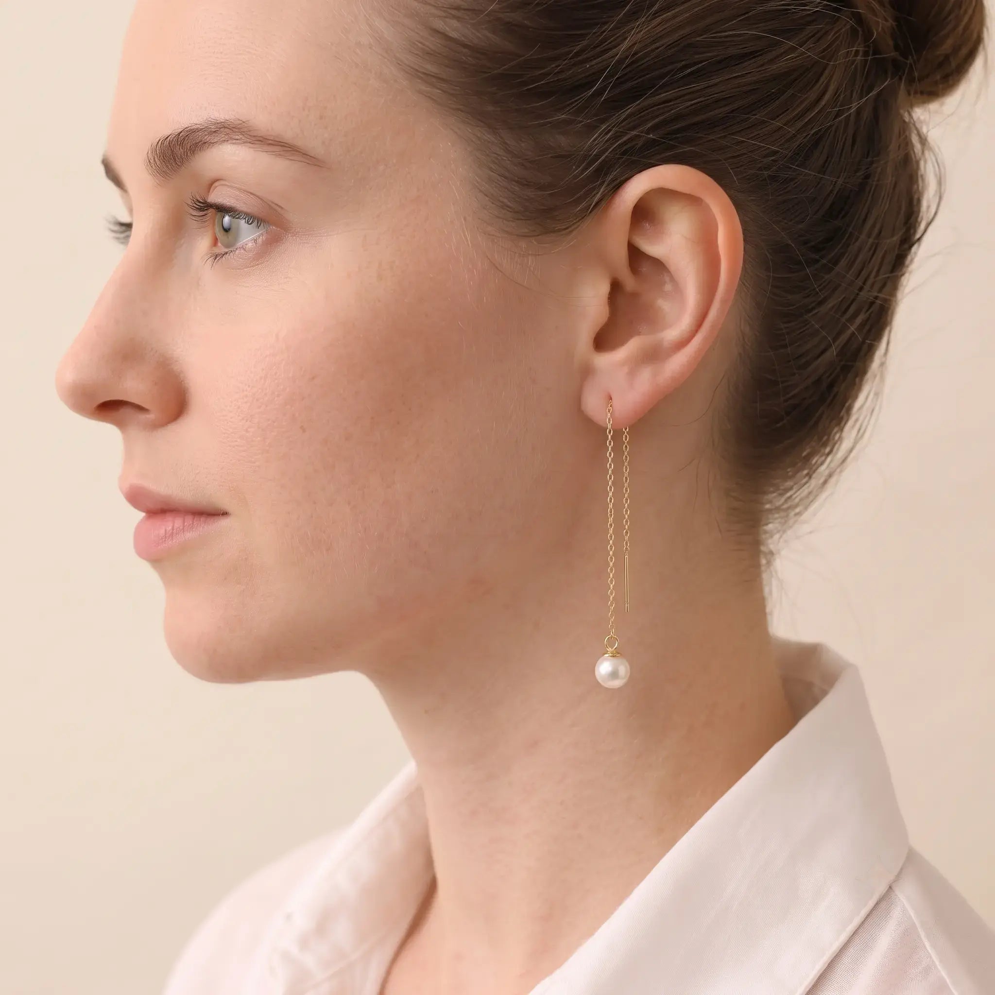 18K Solid Gold 6-7.5mm Japanese Akoya Pearl Threader Earrings for Women