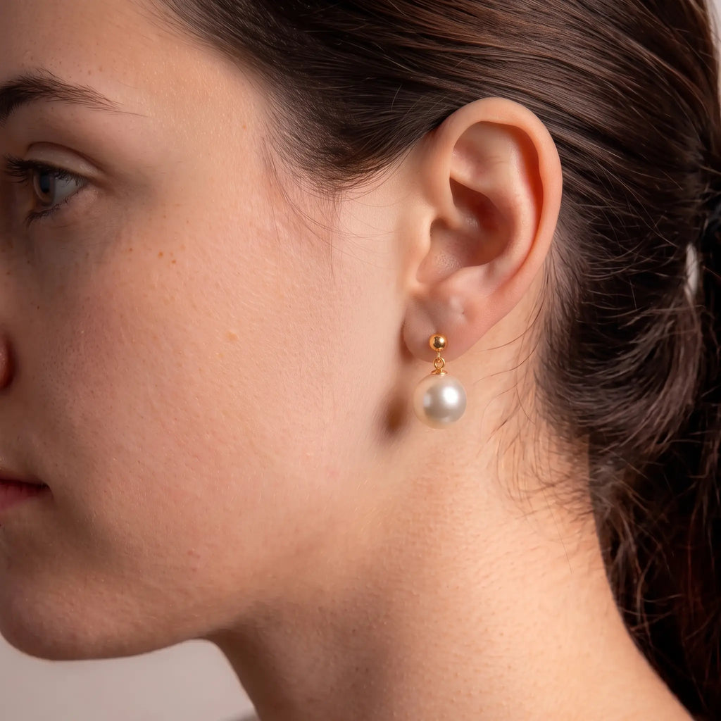 18K Solid Gold 9–9.5mm AAA Edison Freshwater Pearl Dangle Earrings