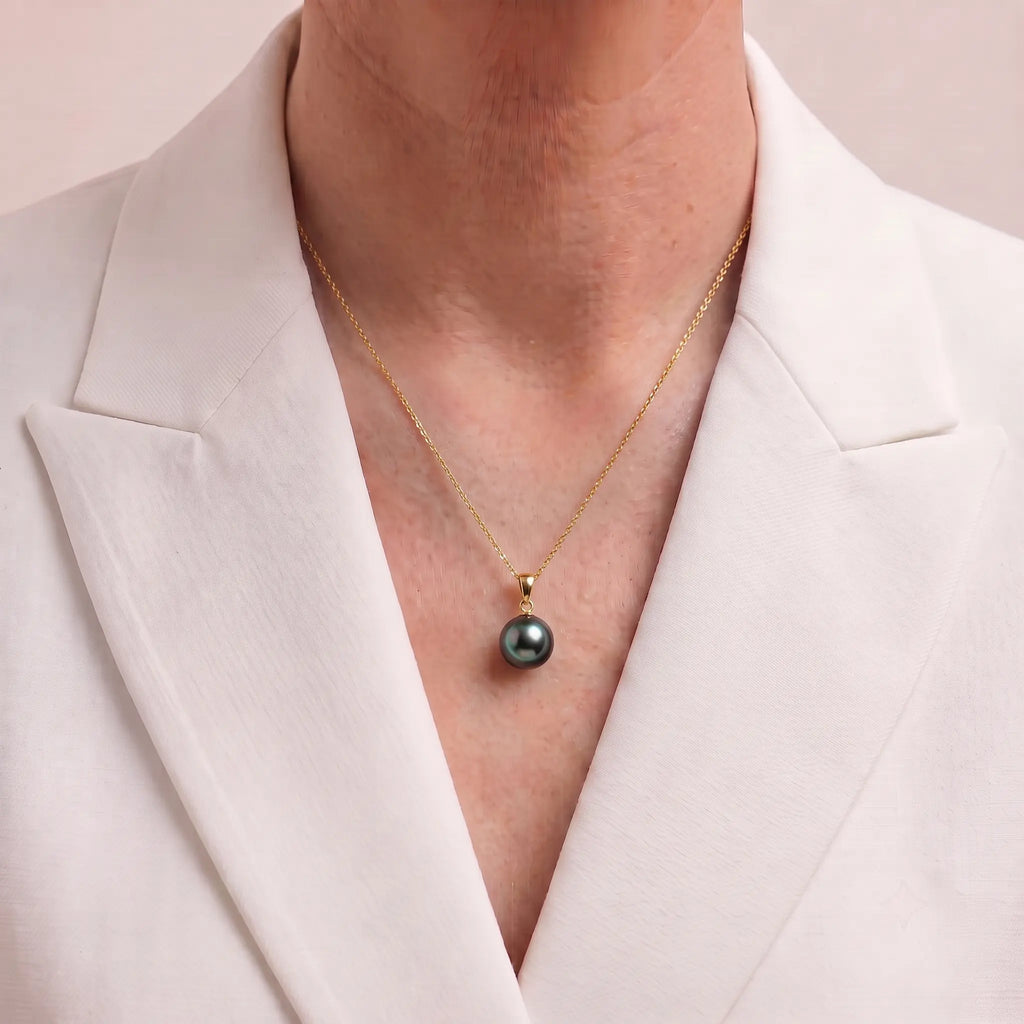 18K Solid Gold 9-9.5mm Genuine Tahitian Black Pearl Pendant Necklace