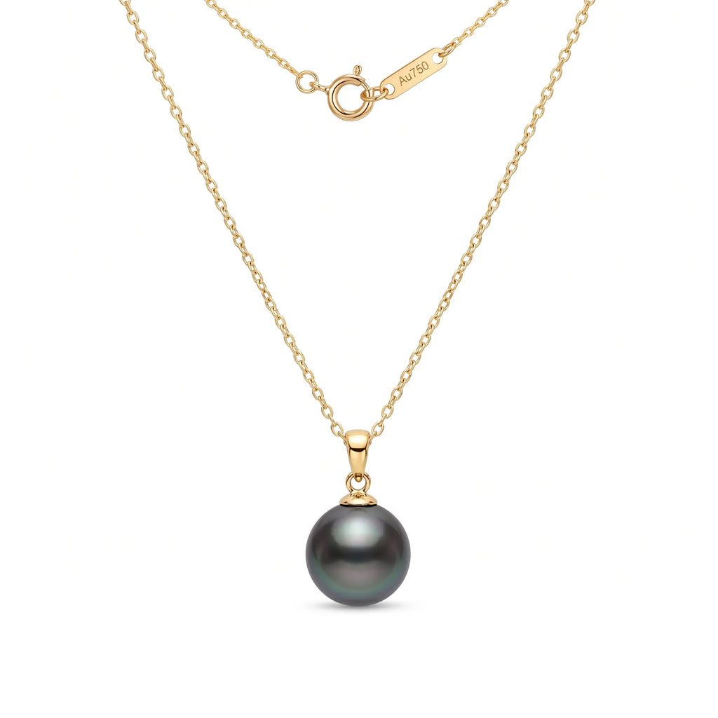 18K Solid Gold 9-9.5mm Genuine Tahitian Black Pearl Pendant Necklace