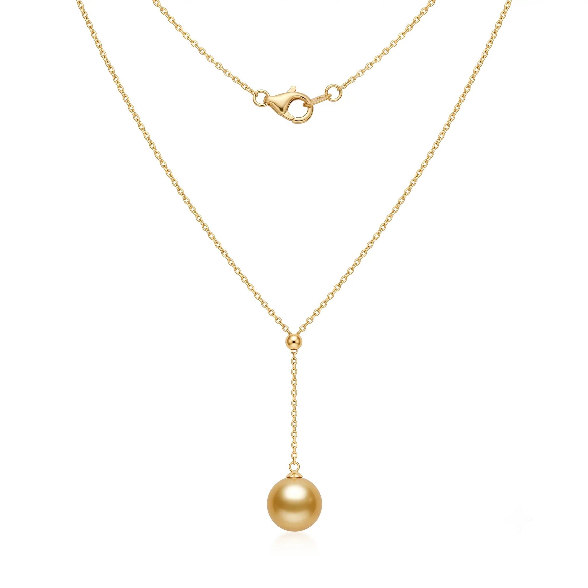 18K Solid Gold 9-9.5mm Golden South Sea Pearl Lariat Necklace for Women