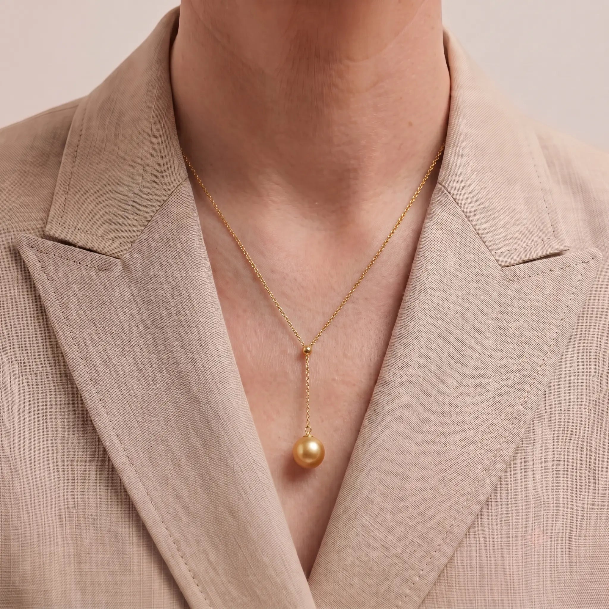 18K Solid Gold 9-9.5mm Golden South Sea Pearl Lariat Necklace for Women