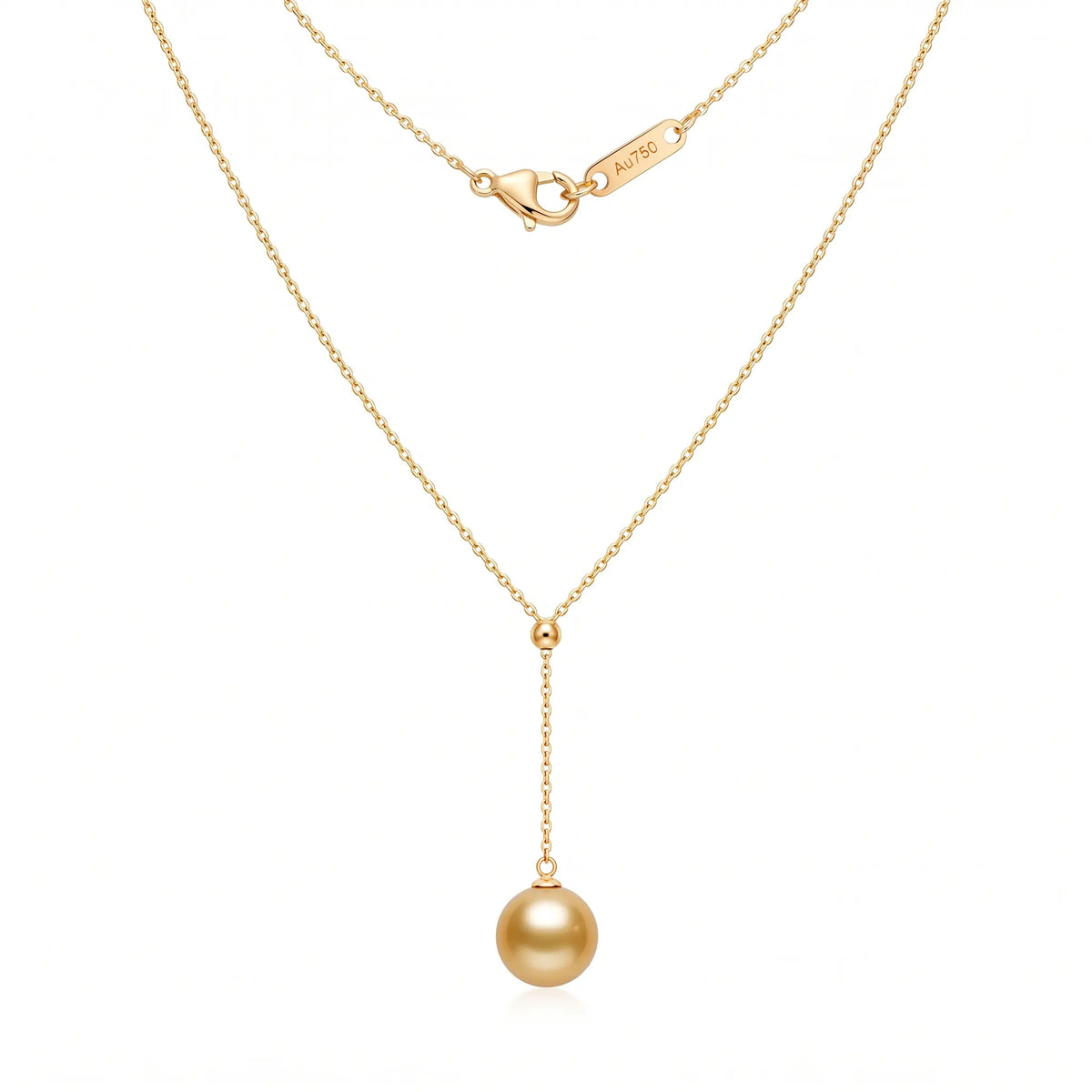 18K Solid Gold 9-9.5mm Golden South Sea Pearl Lariat Necklace for Women