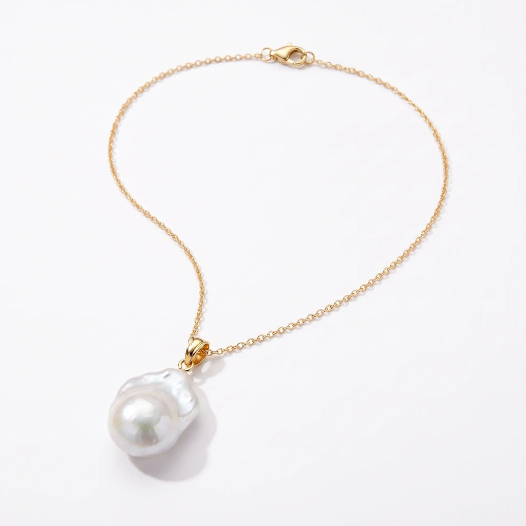 18K Solid Gold Large Baroque Statement Freshwater Pearl Pendant Necklace