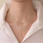 18K Solid Gold Pearl Y Necklace Dainty Freshwater Pearl Lariat Drop Chain for Women