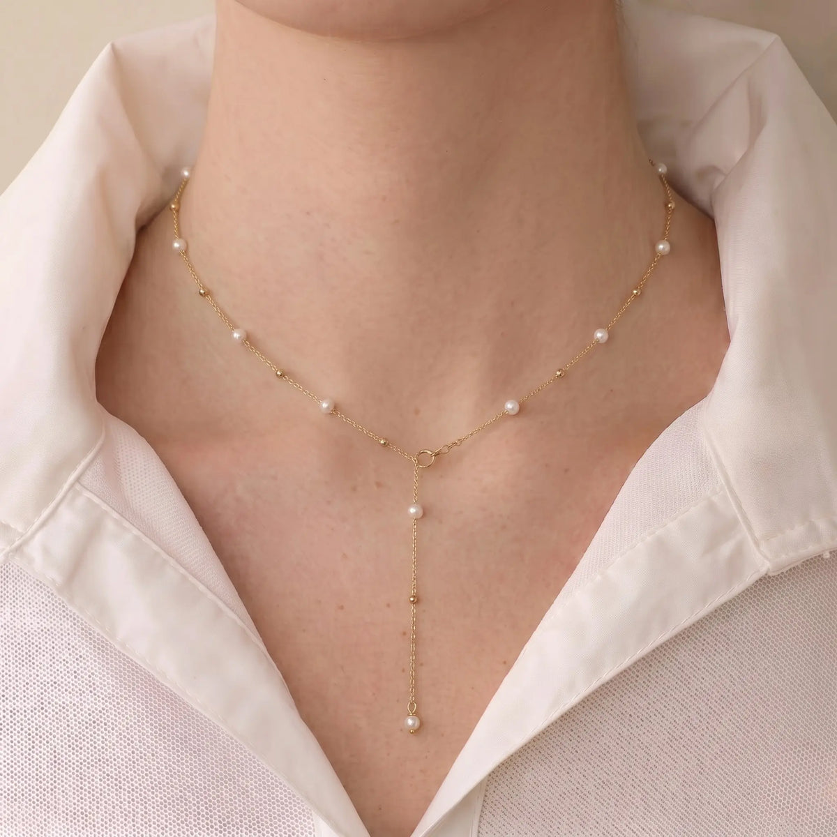 18K Solid Gold Pearl Y Necklace Dainty Freshwater Pearl Lariat Drop Chain for Women