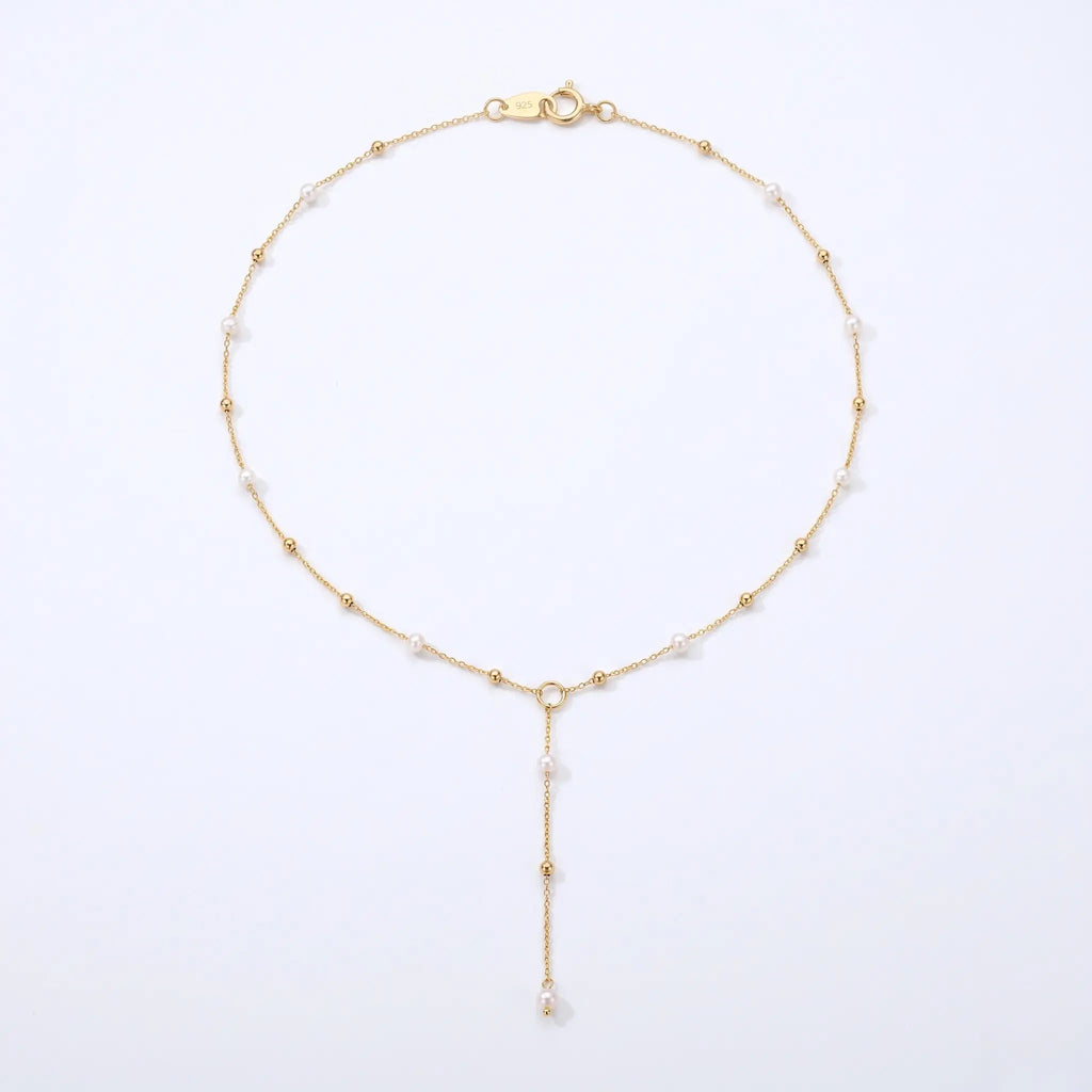18K Solid Gold Pearl Y Necklace Dainty Freshwater Pearl Lariat Drop Chain for Women
