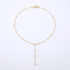 18K Solid Gold Pearl Y Necklace Dainty Freshwater Pearl Lariat Drop Chain for Women