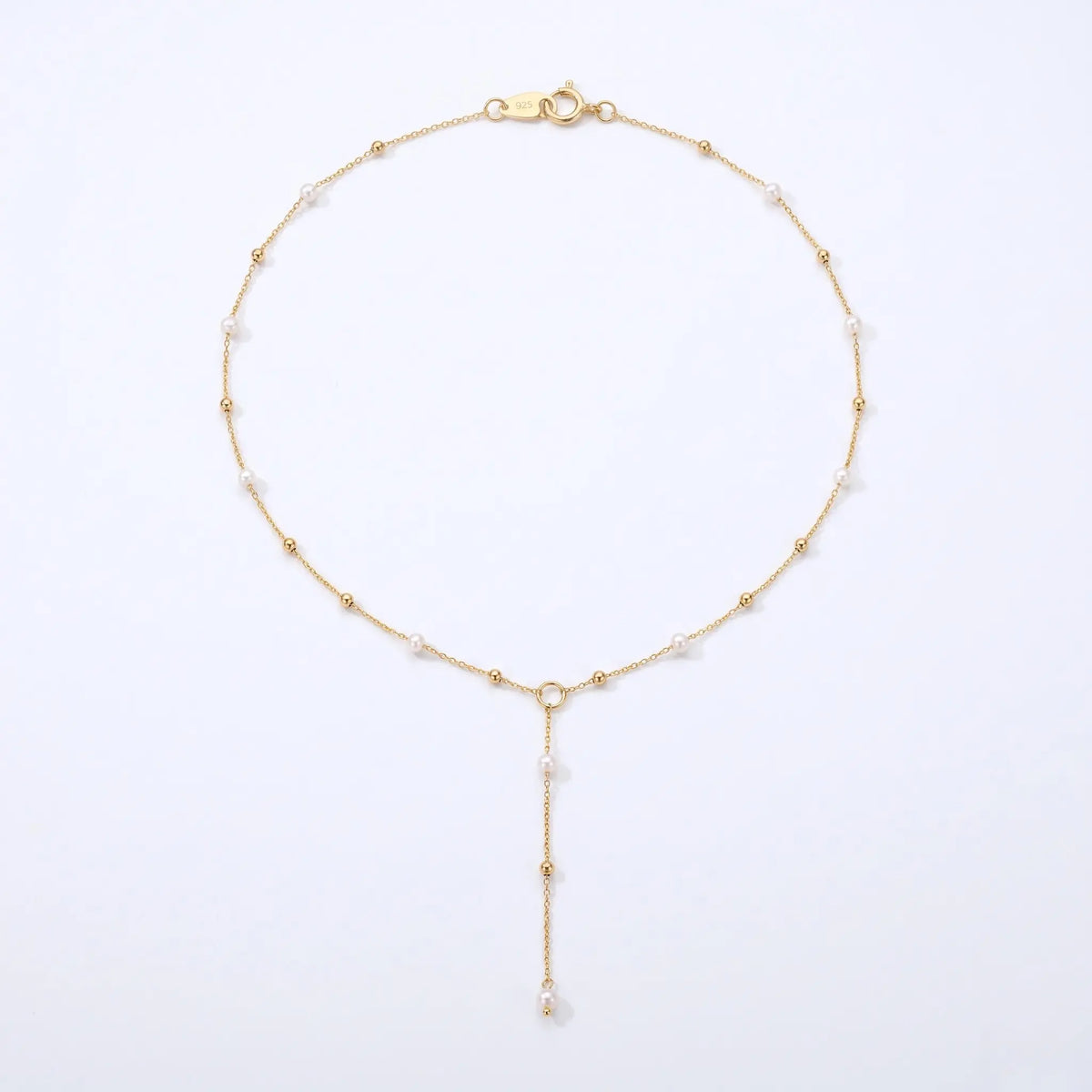 18K Solid Gold Pearl Y Necklace Dainty Freshwater Pearl Lariat Drop Chain for Women