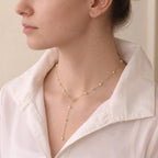 18K Solid Gold Pearl Y Necklace Dainty Freshwater Pearl Lariat Drop Chain for Women