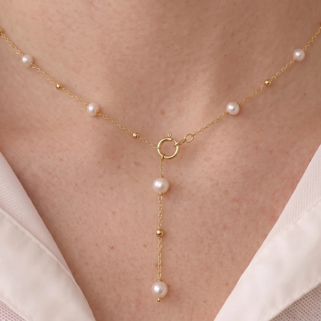 18K Solid Gold Pearl Y Necklace Dainty Freshwater Pearl Lariat Drop Chain for Women