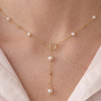 18K Solid Gold Pearl Y Necklace Dainty Freshwater Pearl Lariat Drop Chain for Women