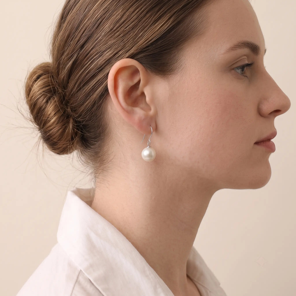 18K Solid White Gold 9-9.5mm Edison Pearl Drop Earrings for Women