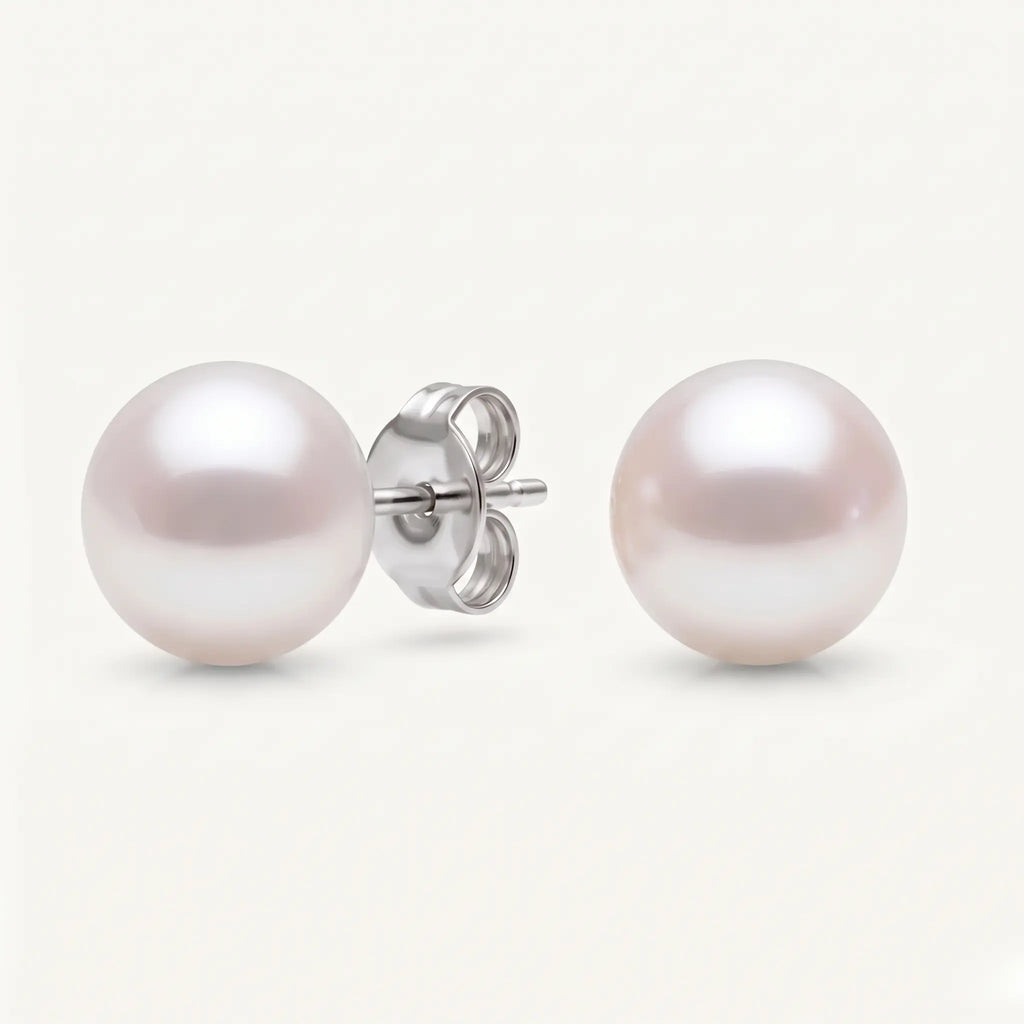 18K Solid White Gold 9-9.5mm White Edison Pearl Stud Earrings