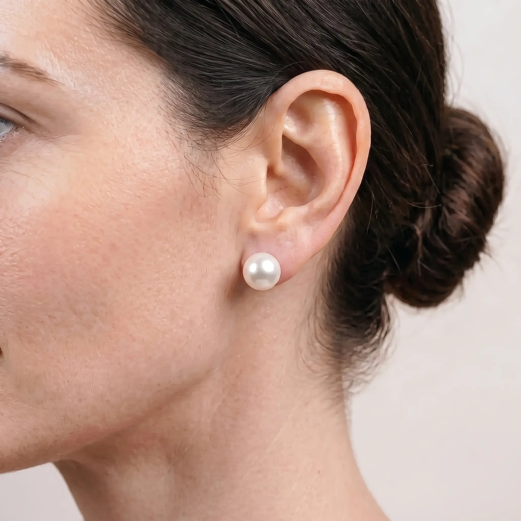 18K Solid White Gold 9-9.5mm White Edison Pearl Stud Earrings