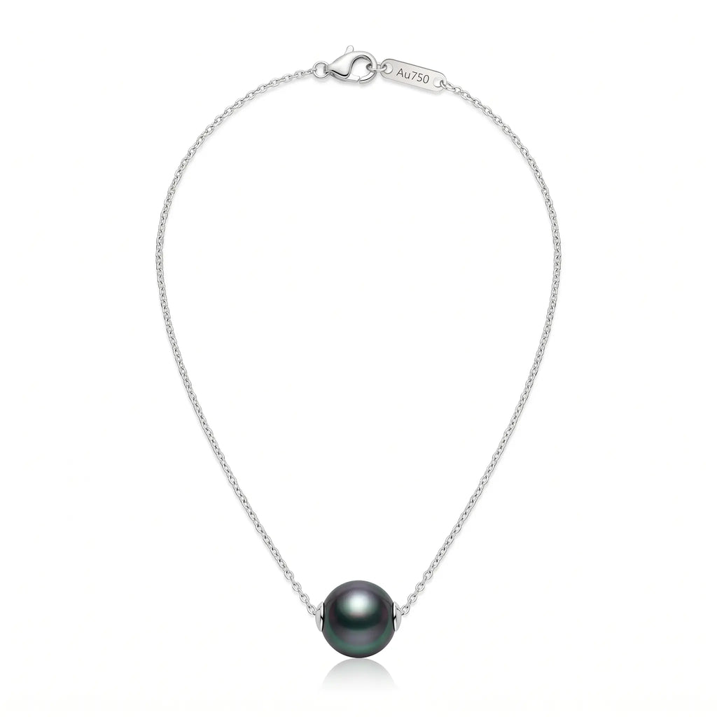 18K White Gold 9-9.5mm Tahitian Black Pearl Pendant Necklace for Women
