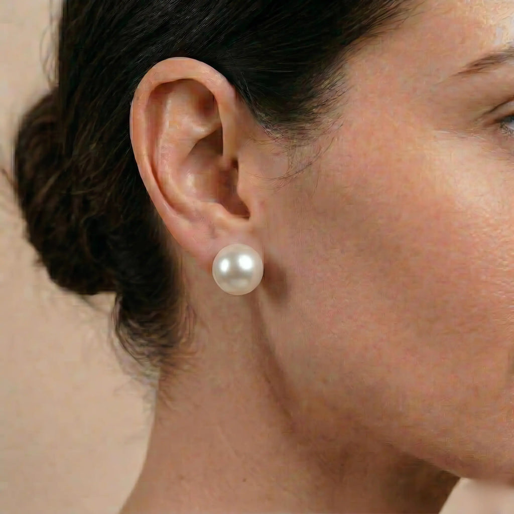 18K Gold Freshwater Pearl Stud Earrings, 10-12.5mm Large White Pearls
