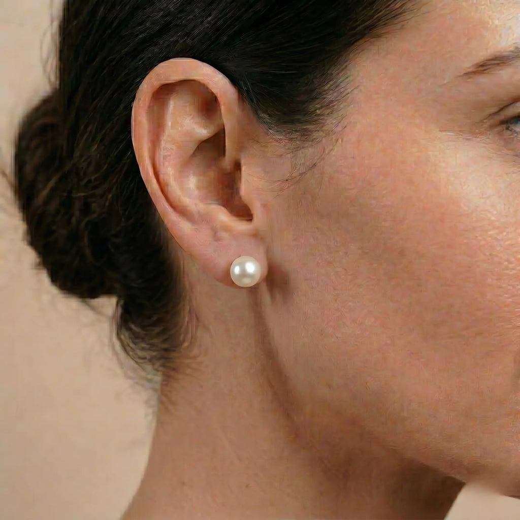 18K Gold Freshwater Pearl Stud Earrings, 10-12.5mm Large White Pearls