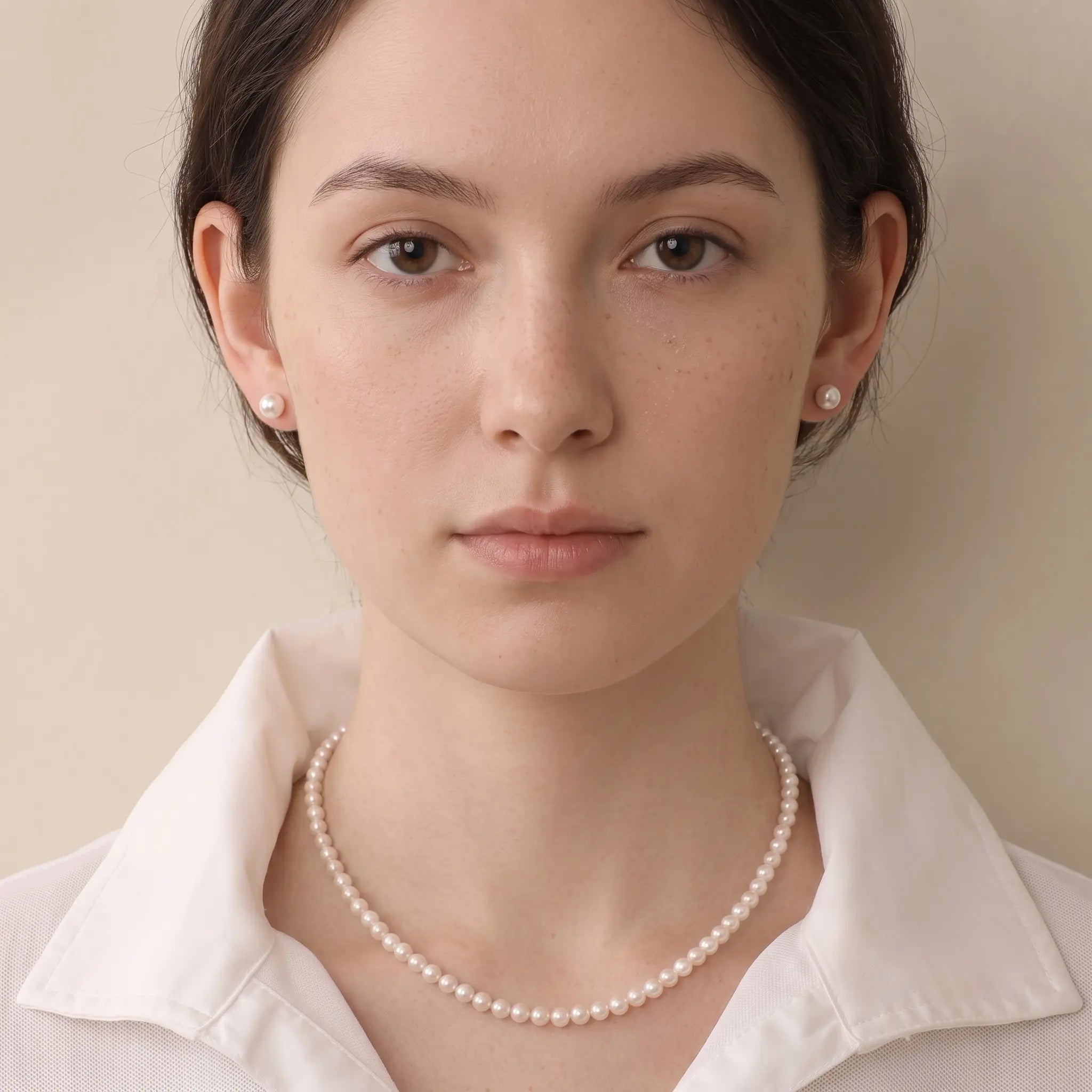 Woman wearing a solid gold freshwater pearl necklace and earrings set with a casual tee for effortless everyday polish.