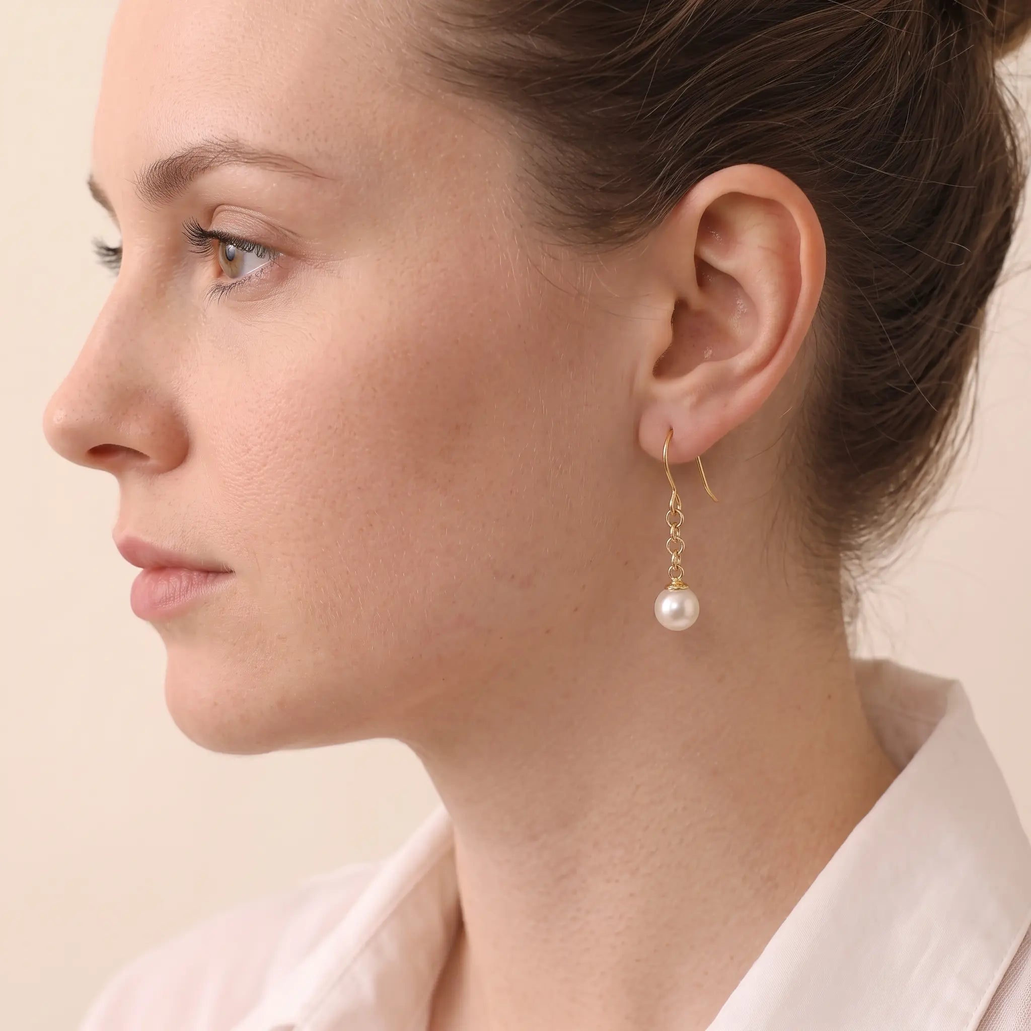 18K Solid Gold 7-7.5mm Japanese Akoya Pearl Drop Dangle Earrings