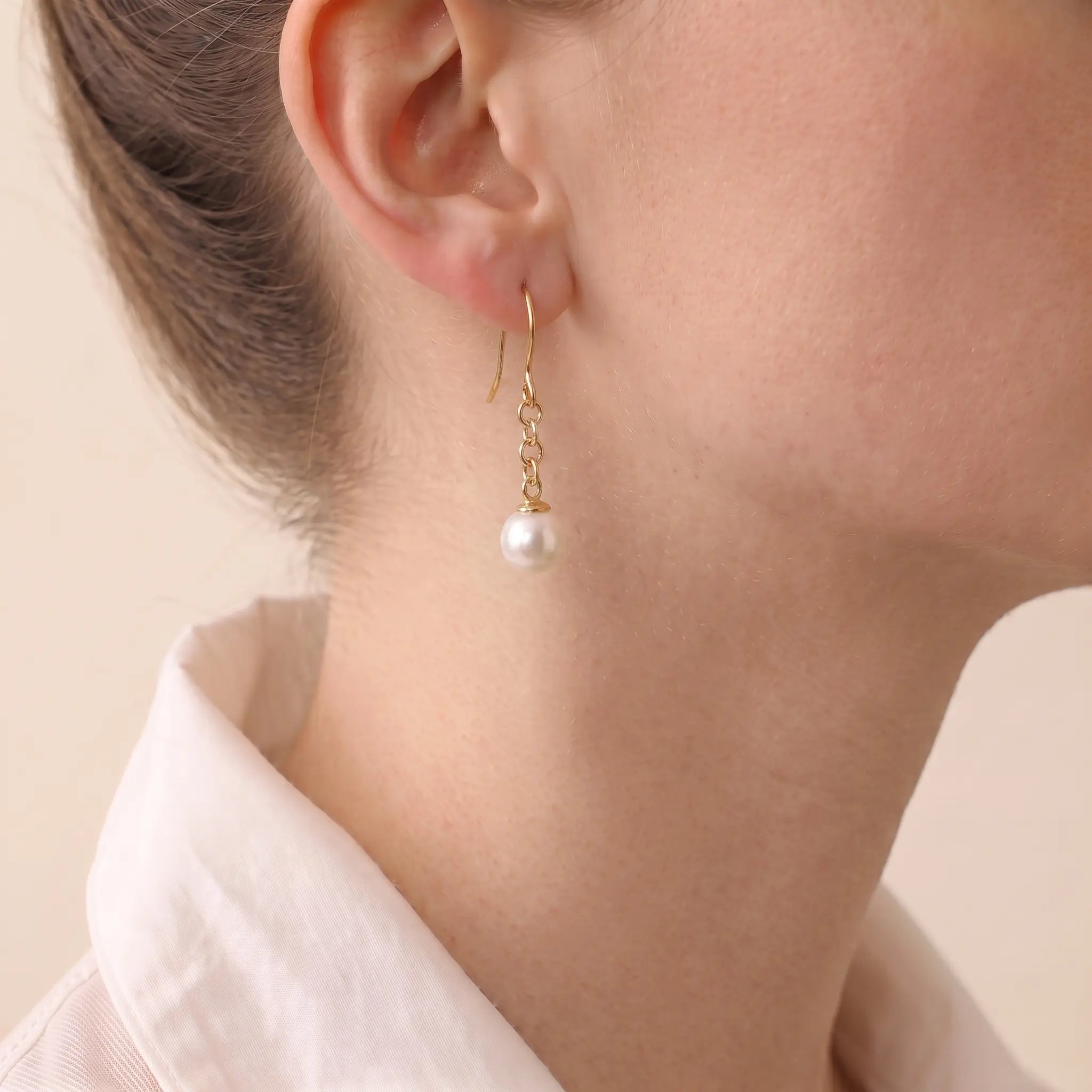 18K Solid Gold 7-7.5mm Japanese Akoya Pearl Drop Dangle Earrings