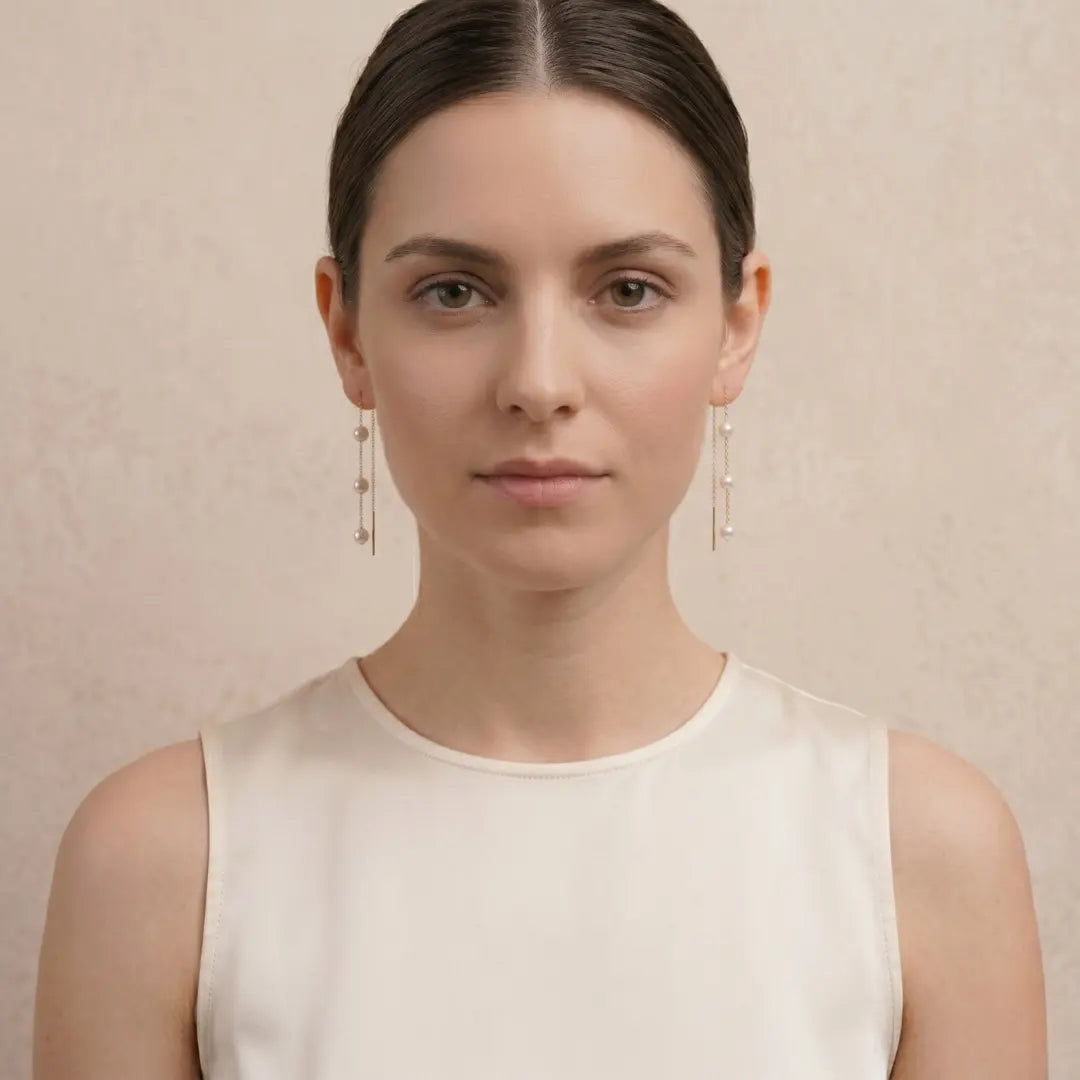 18K Gold Japanese Akoya Pearl Drop Earrings, 5-5.5mm Genuine White Pearls