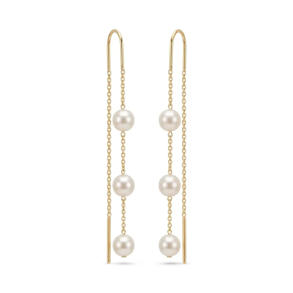18K Gold Japanese Akoya Pearl Drop Earrings, 5-5.5mm Genuine White Pearls