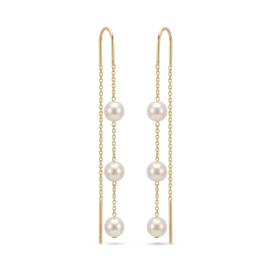 18K Gold Japanese Akoya Pearl Drop Earrings, 5-5.5mm Genuine White Pearls