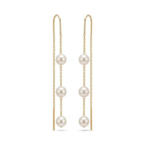 18K Gold Japanese Akoya Pearl Drop Earrings, 5-5.5mm Genuine White Pearls