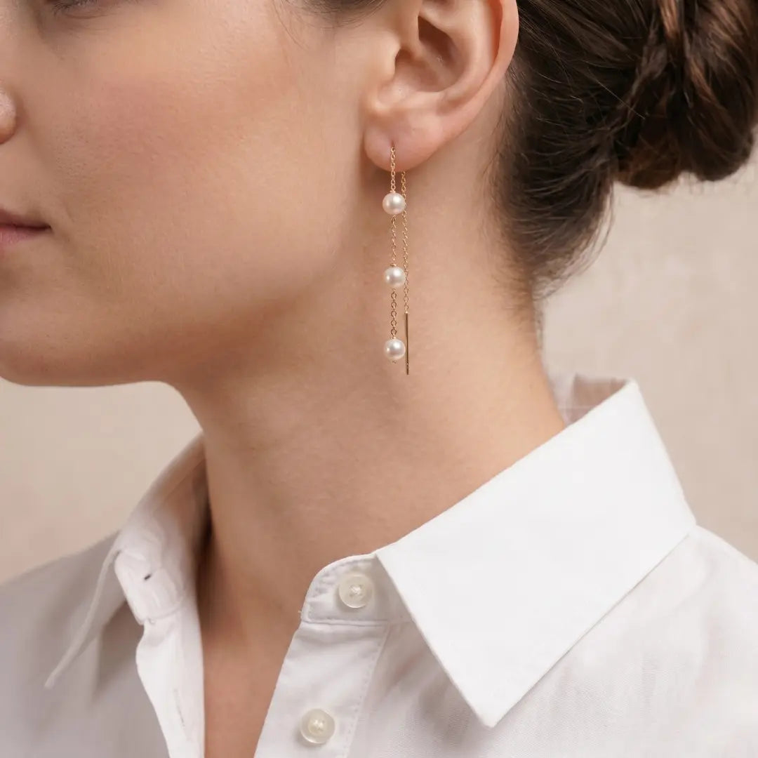 18K Gold Japanese Akoya Pearl Drop Earrings, 5-5.5mm Genuine White Pearls