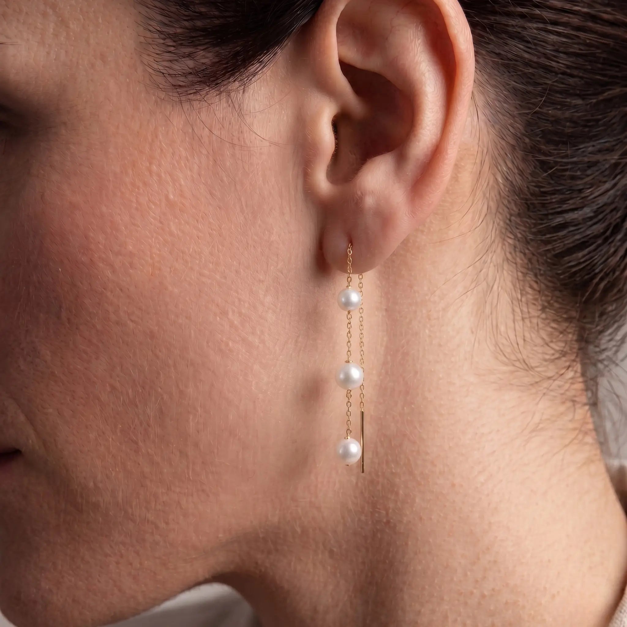 18K Gold Japanese Akoya Pearl Drop Earrings, 5-5.5mm Genuine White Pearls