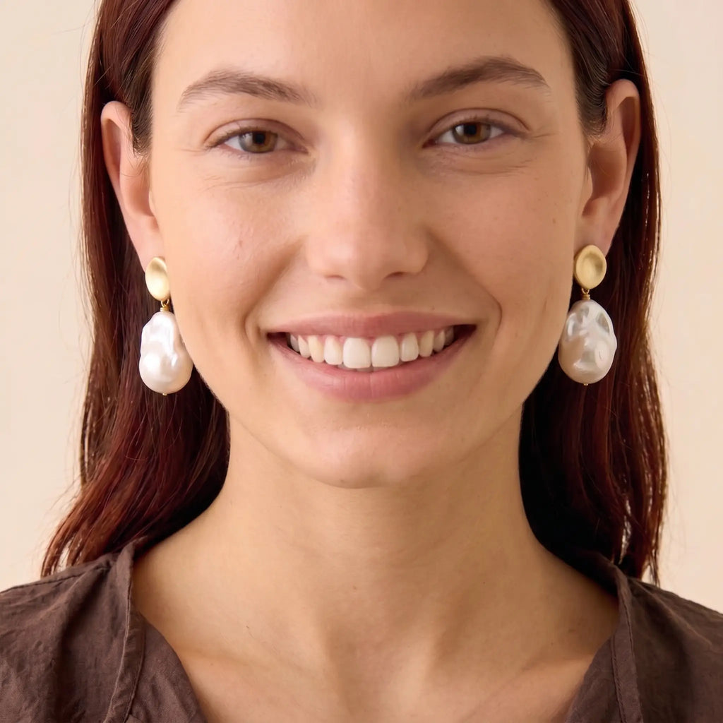 18K Gold Plated Brushed Disc Baroque Pearl Drop Earrings