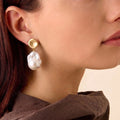 18K Gold Plated Brushed Disc Baroque Pearl Drop Earrings