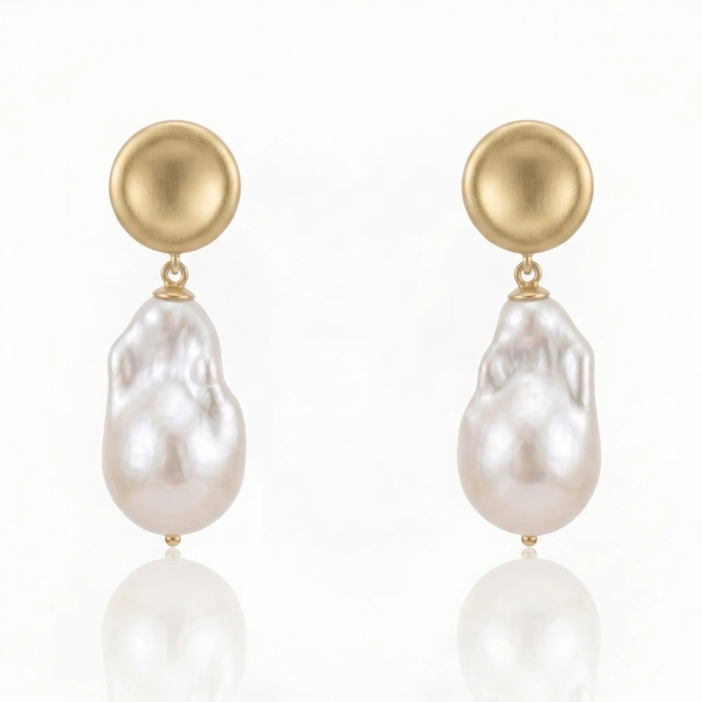 18K Gold Plated Brushed Disc Baroque Pearl Drop Earrings
