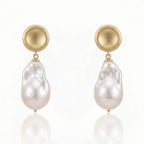 18K Gold Plated Brushed Disc Baroque Pearl Drop Earrings