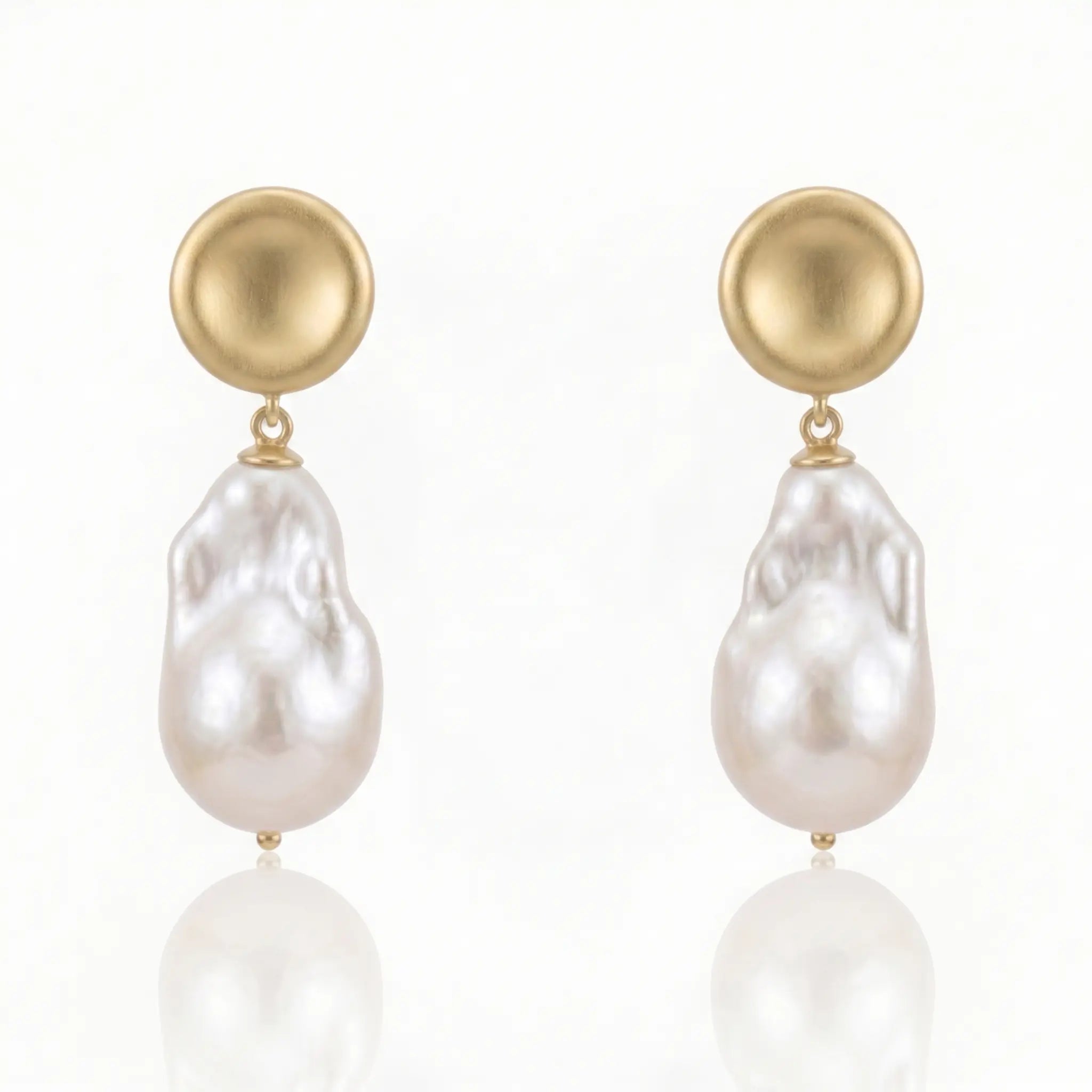 18K Gold Plated Brushed Disc Baroque Pearl Drop Earrings