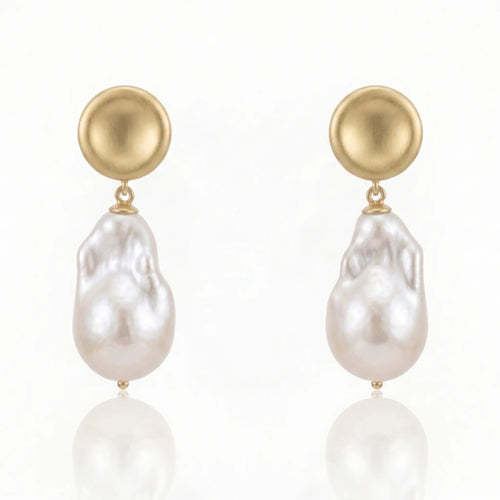 18K Gold Plated Brushed Disc Baroque Pearl Drop Earrings, 10-11mm Freshwater Pearl Textured Dangle Earrings for Everyday Wear