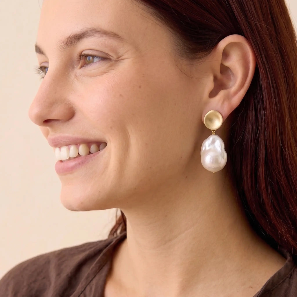 18K Gold Plated Brushed Disc Baroque Pearl Drop Earrings