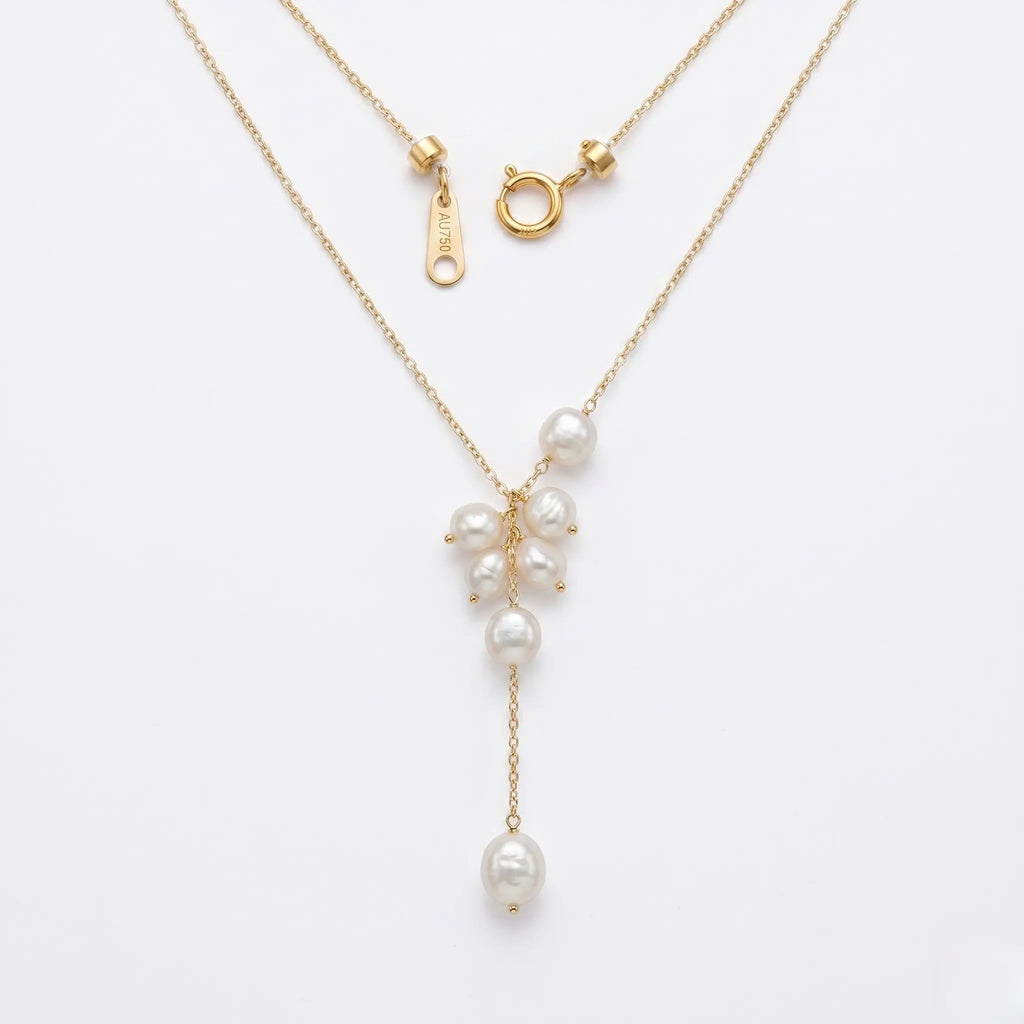 18K Solid Gold Baroque Pearl Lariat Necklace for Women Wedding Bridal Jewelry
