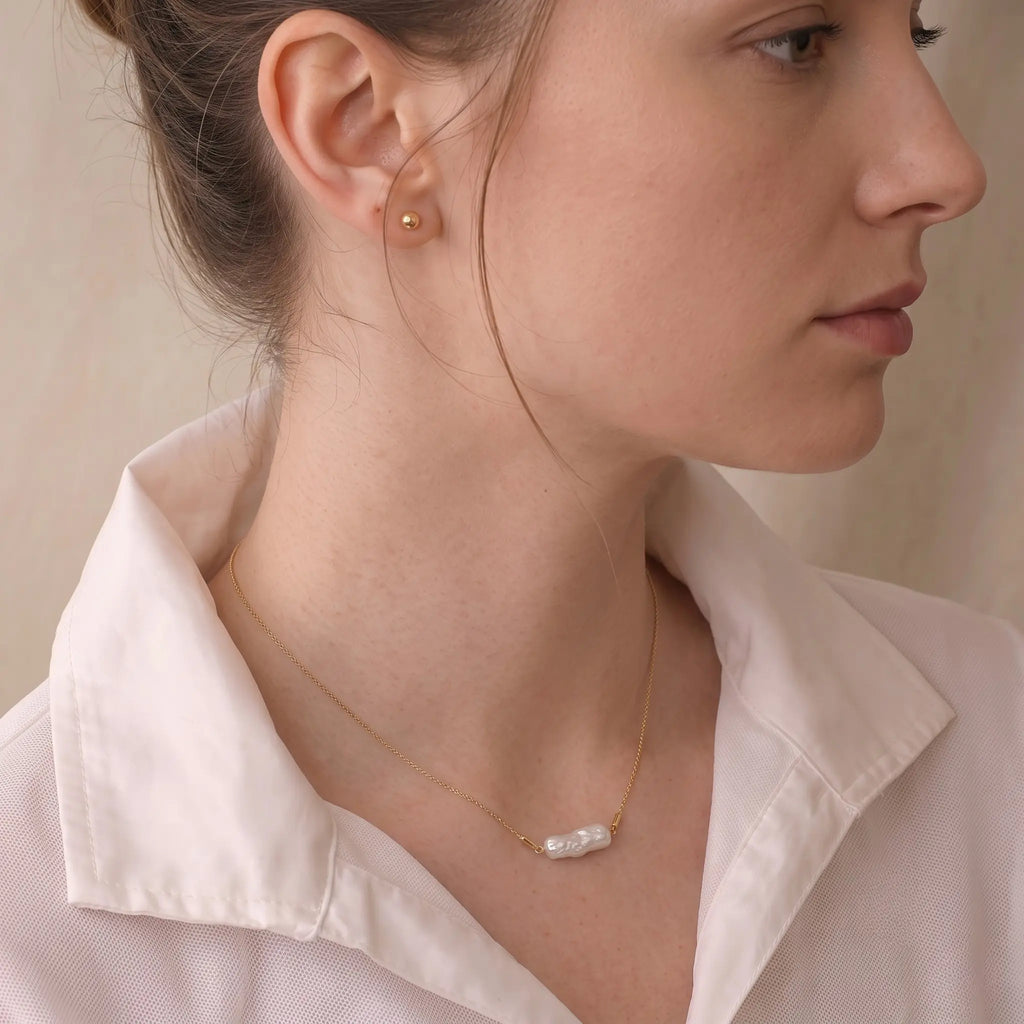 18K Solid Gold Biwa Baroque Pearl Station Necklace