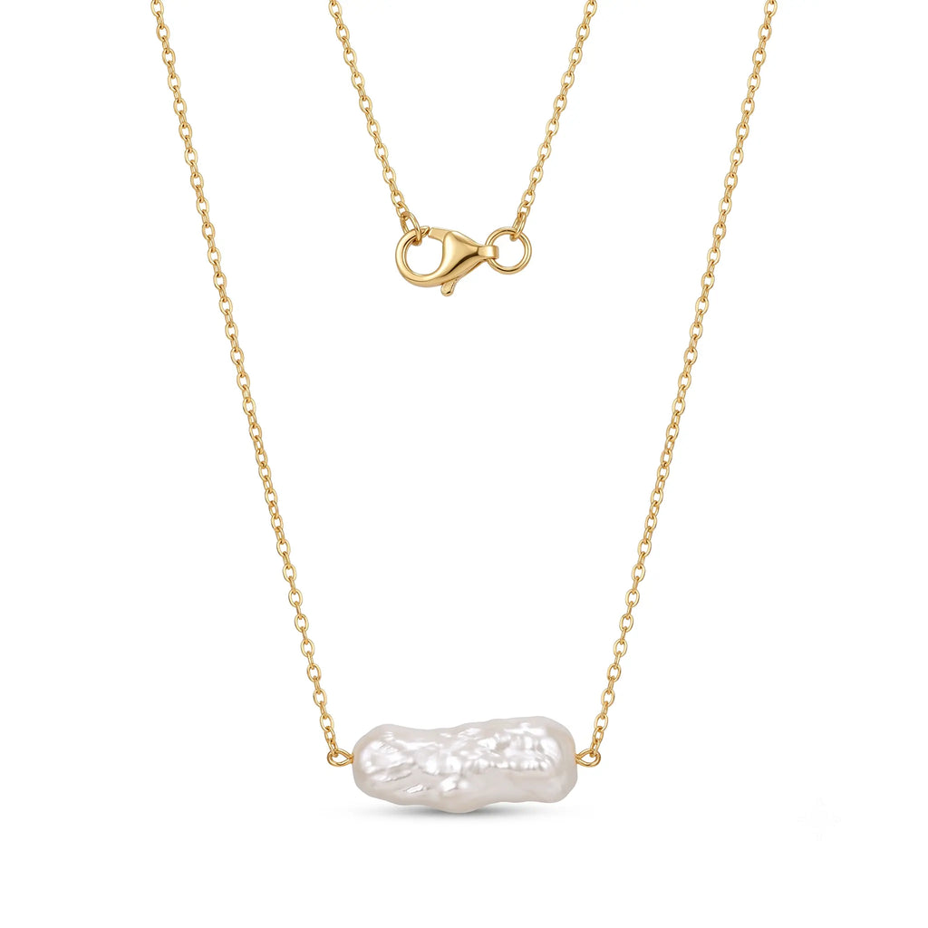 18K Solid Gold Biwa Baroque Pearl Station Necklace